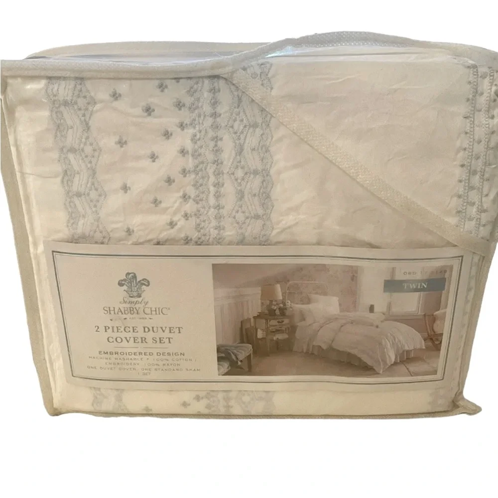 Simply Shabby Chic Duvet Cover With Sham Size Twin White Blue Embroidered Cotton